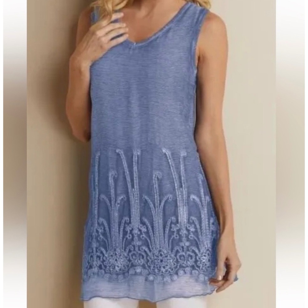 Soft Surroundings L 100% Silk Chiffon Romance Tunic Top Blouse Blue Sequins 3D